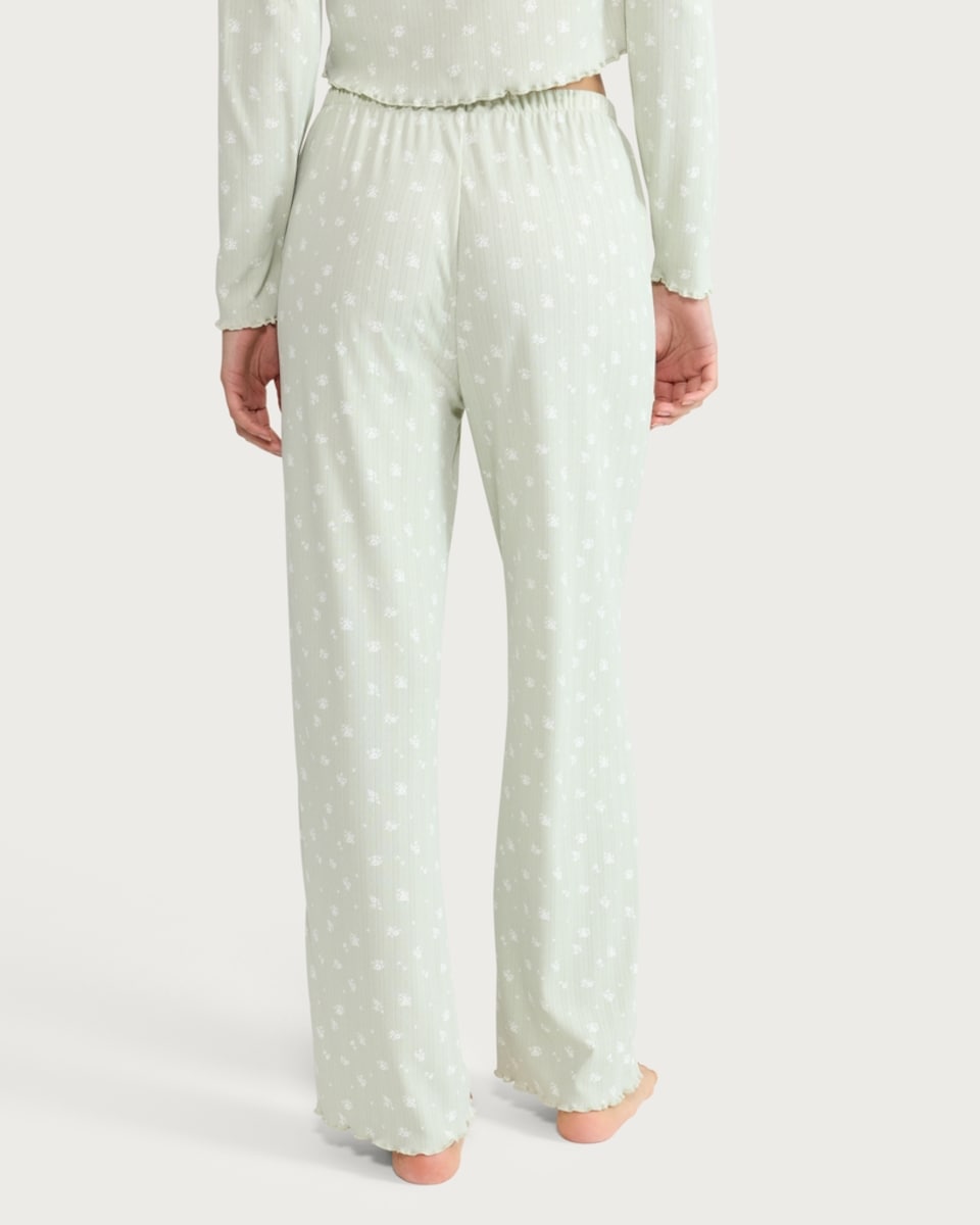 image 1 of F&F Pointelle Floral Print Wide Leg Pyjama Bottoms in Green