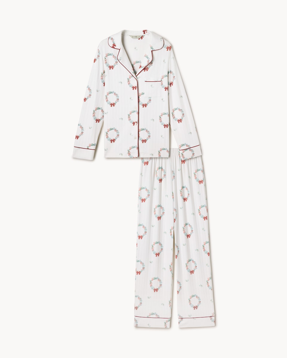 image 1 of Christmas Pointelle Wreath Revere Pyjama Set in Multi White