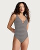 image 1 of F&F Crinkle Textured Stripe Print Ring Detail Swimsuit in Multi Brown