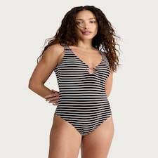 F&F Crinkle Textured Stripe Print Ring Detail Swimsuit in Multi Brown