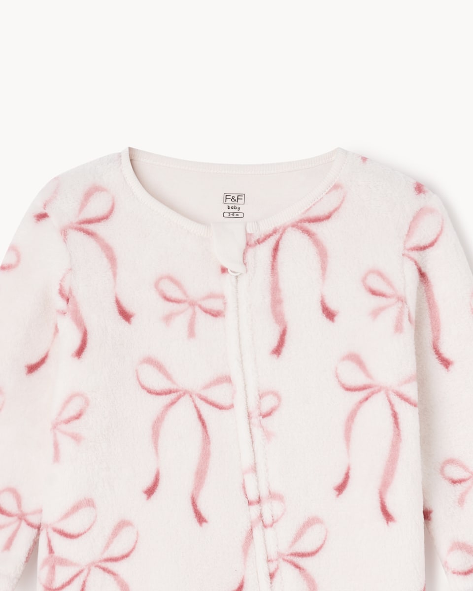 image 1 of F&F Baby Fleece Bow Sleepsuit in White