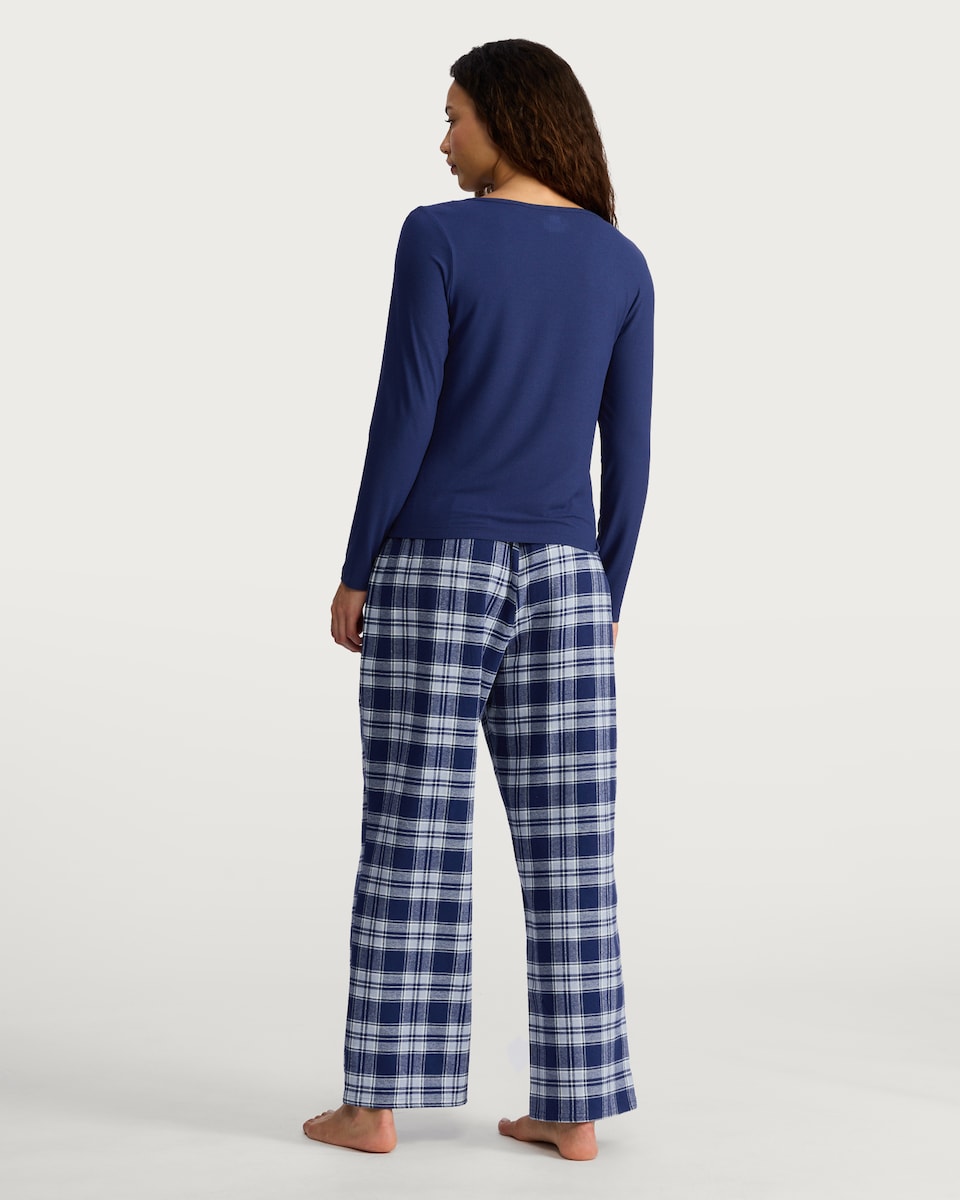 image 1 of F&F Henley Top and Check Print Bottoms Pyjama Set in Blue