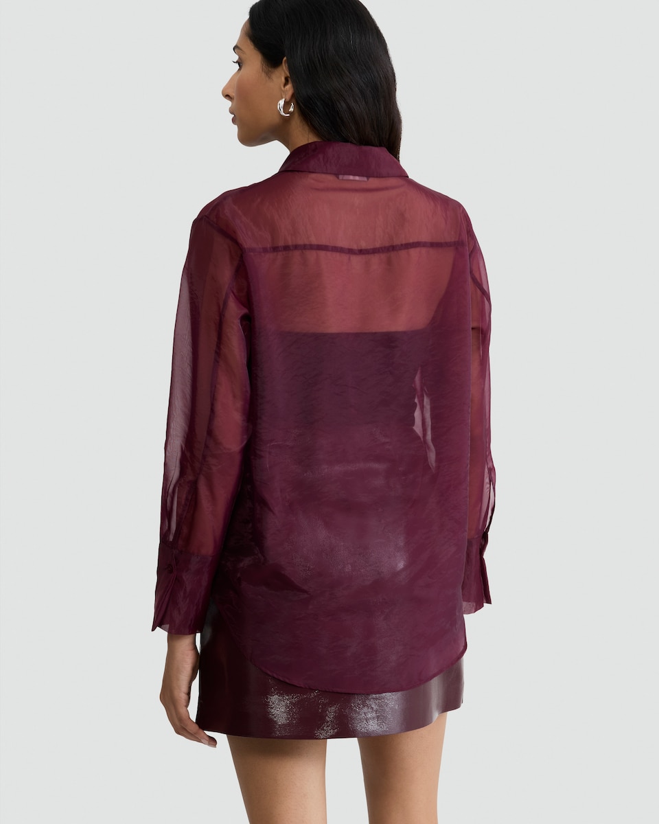 image 1 of F&F Organza Button Up Long Sleeved Shirt in Burgundy