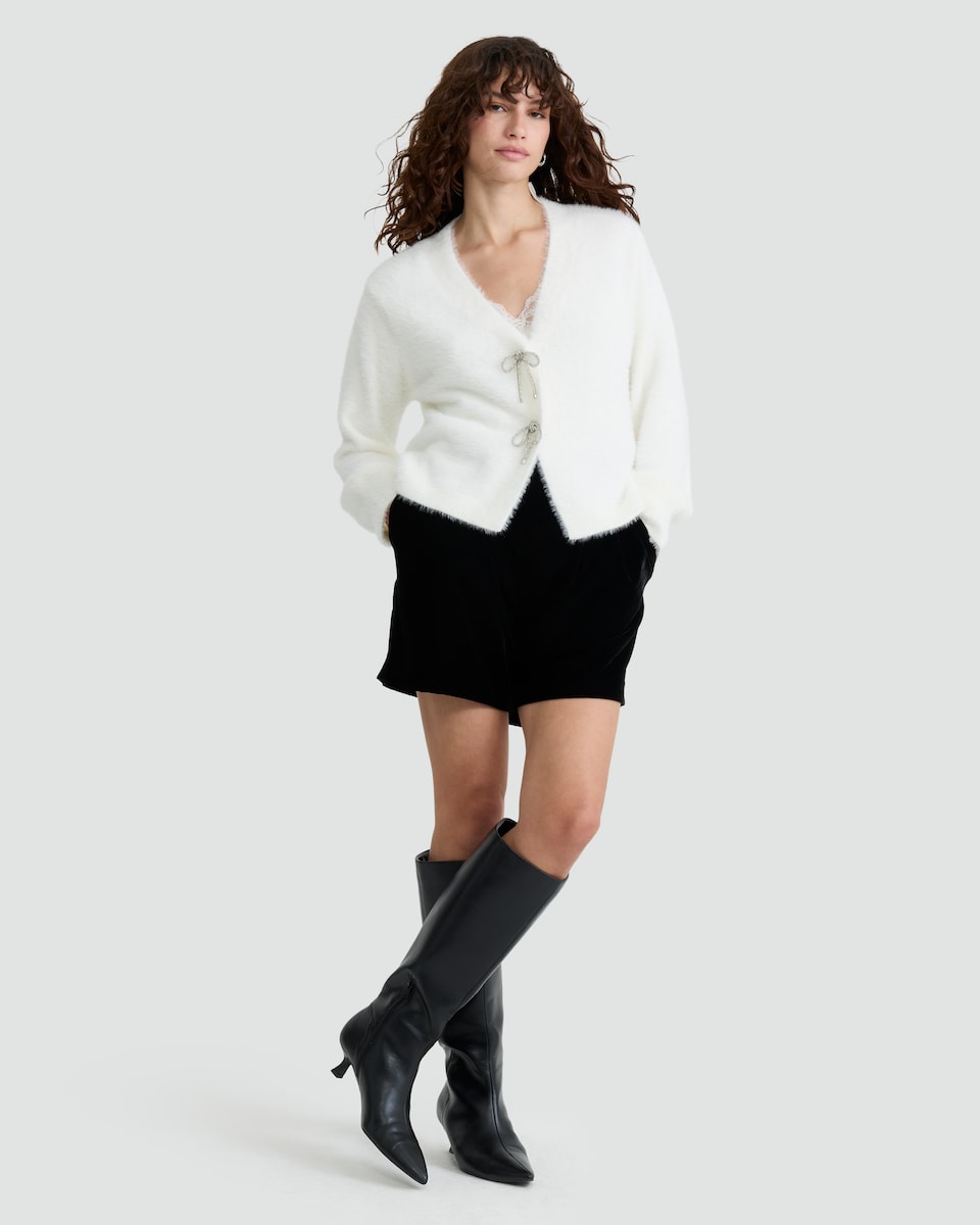 image 1 of F&F Textured Diamanté Bow Cardigan in Cream