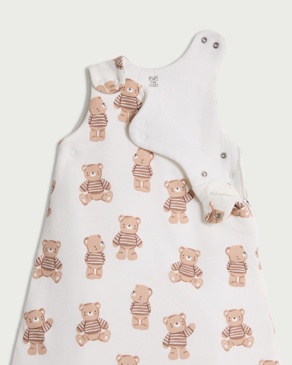 image 1 of F&F Baby Pure Cotton Teddy Bear Print 2.5 Tog Sleeping Bag in White