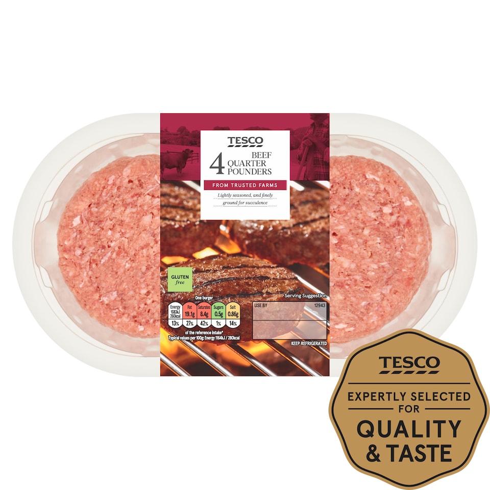 Tesco Beef Quarter Pounders 4 Pack 454g