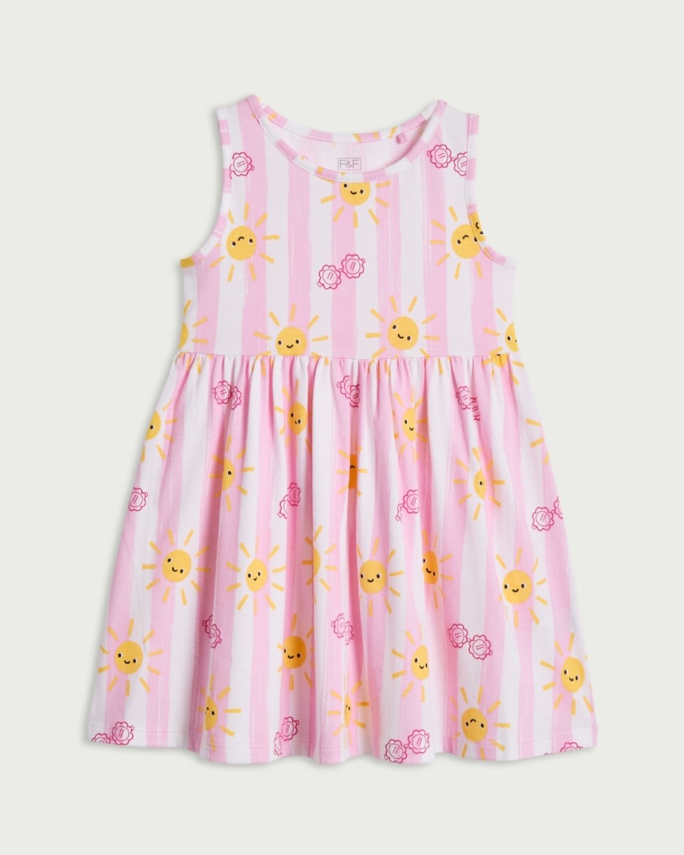 image 1 of F&F Girls Pure Cotton Sun and Stripe Print Sleeveless Dress in Multi Pink