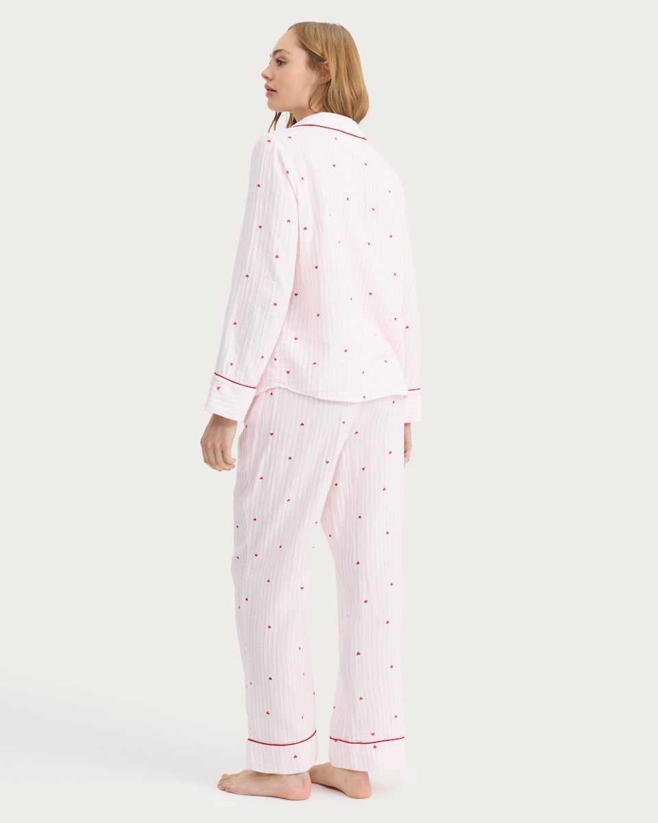 image 1 of F&F Pure Cotton Stripe Heart Print Pyjama Set in Pink