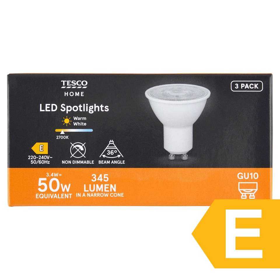 image 1 of Tesco Home LED Spotlights 3.4W GU10 Warm White Light 3 pcs