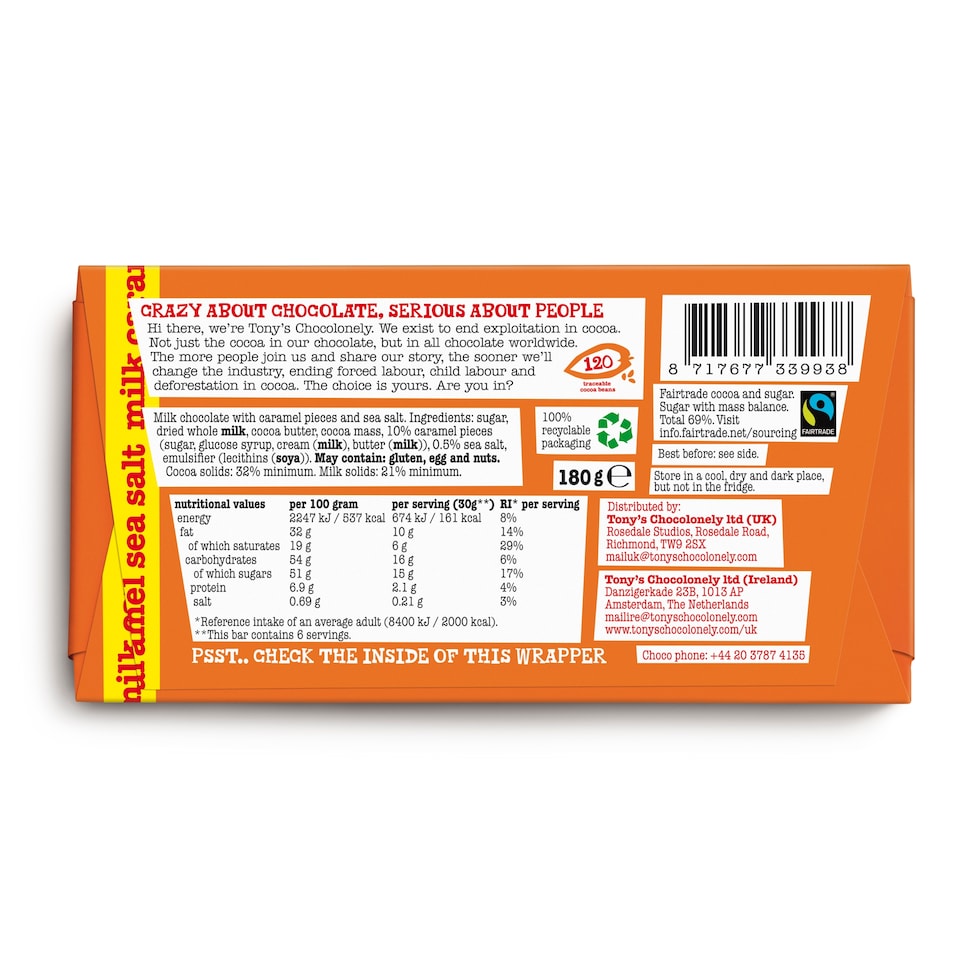 image 1 of Tony's Chocolonely Milk Chocolate Caramel Sea Salt 180G