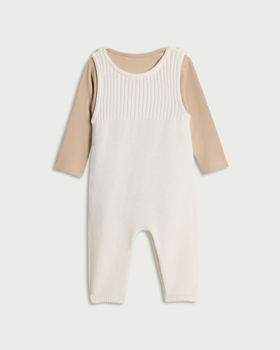 image 1 of F&F Baby 2-Piece Knitted Teddy Bear Dungaree and Bodysuit Set in White