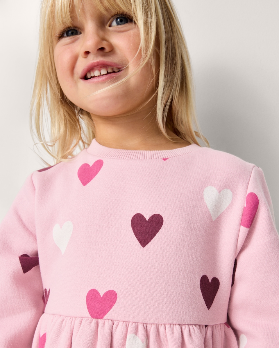 image 1 of F&F Girls Cotton Rich Heart Sweat Dress in Pink