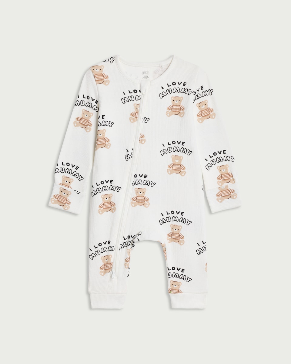 F&F Baby Cotton Rich Teddy Bear I Love My Mummy Sleepsuit in White