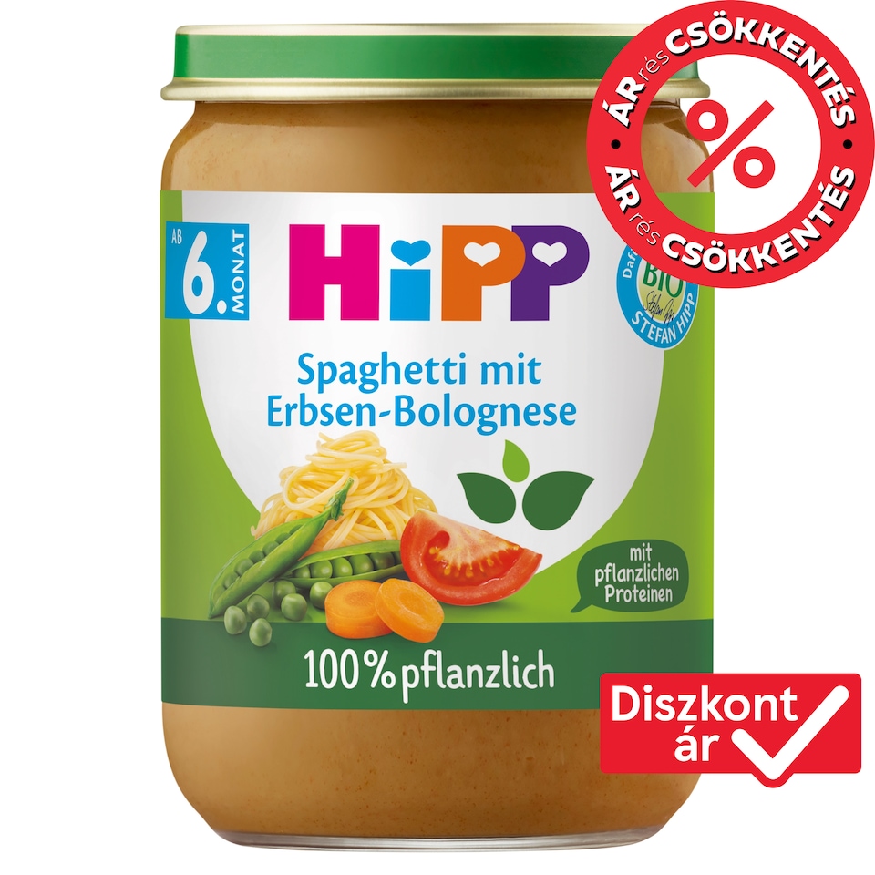 HiPP bio spagetti paradicsomszószban borsóval és borsófehérjével bébiétel 6 hónapos kortól 190 g