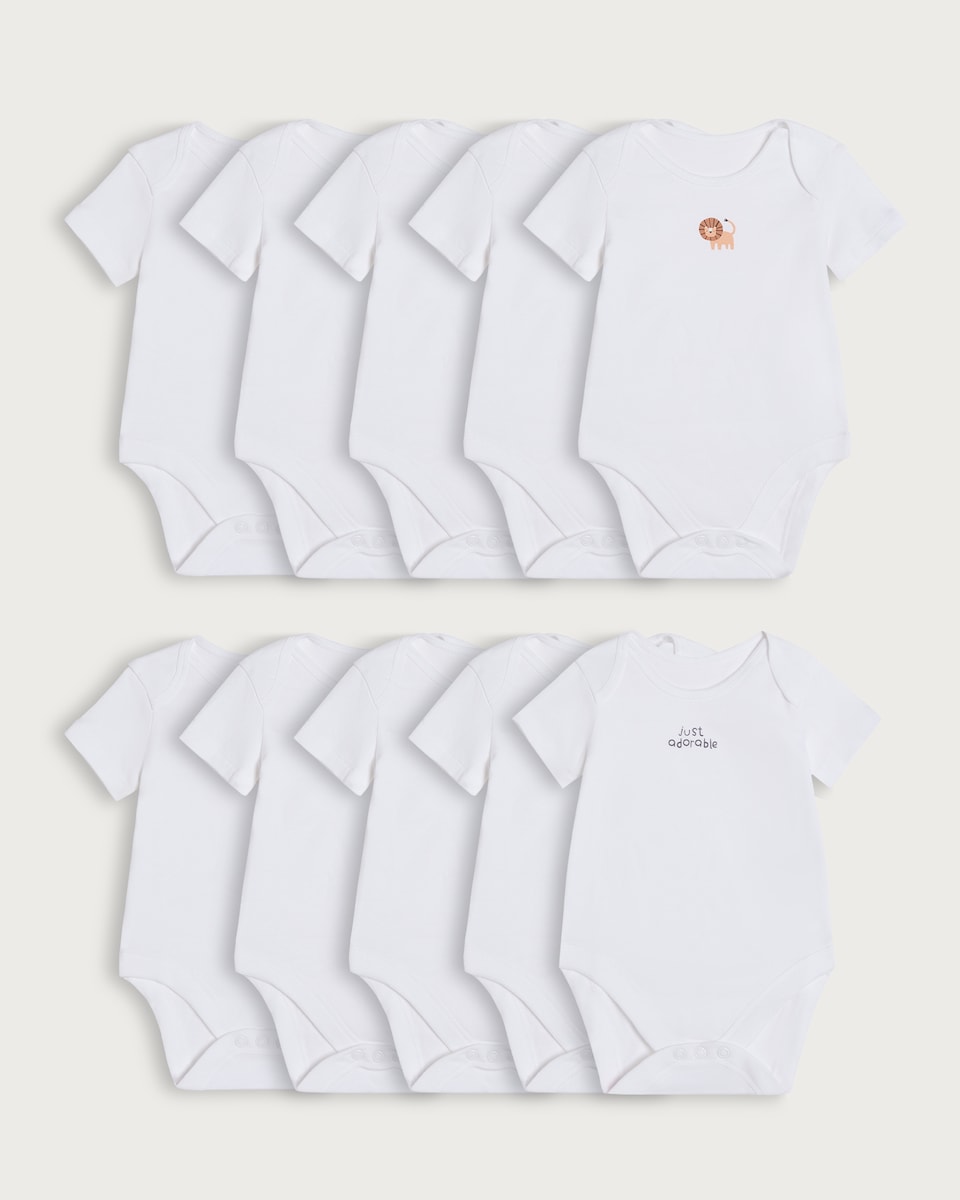 F&F Baby 10-Pack Pure Cotton Short Sleeved Bodysuits in White