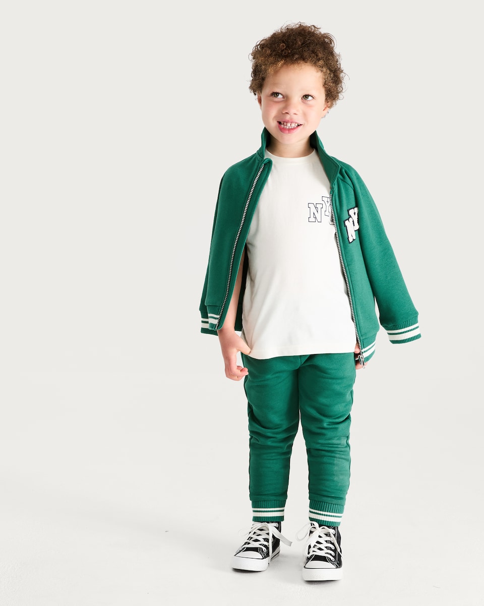 image 1 of F&F Boys 3-Piece Cotton Rich NYC Slogan Jacket, T-Shirt and Joggers Set in Green