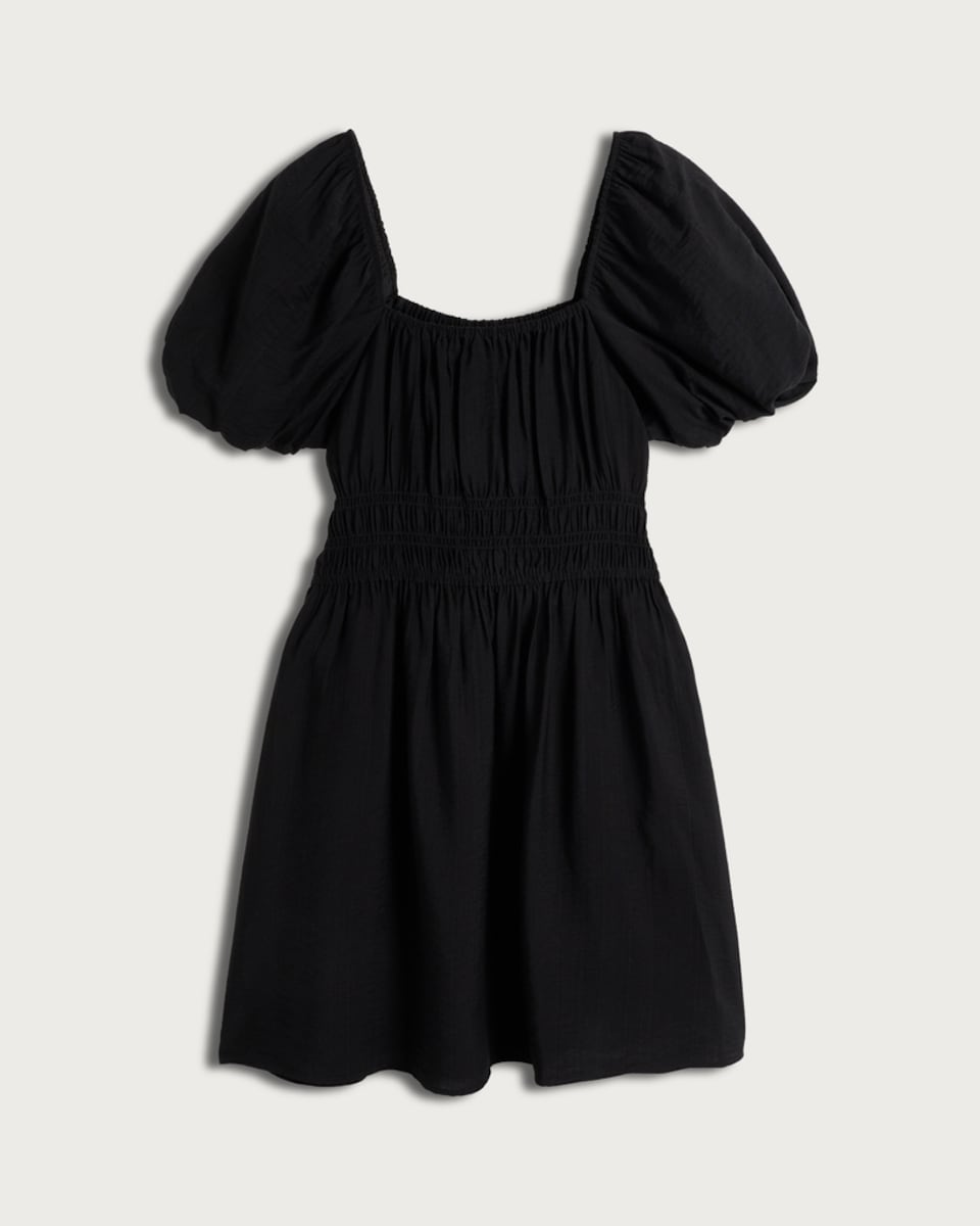 image 1 of F&F Smocked Puff Sleeved Mini Dress in Black