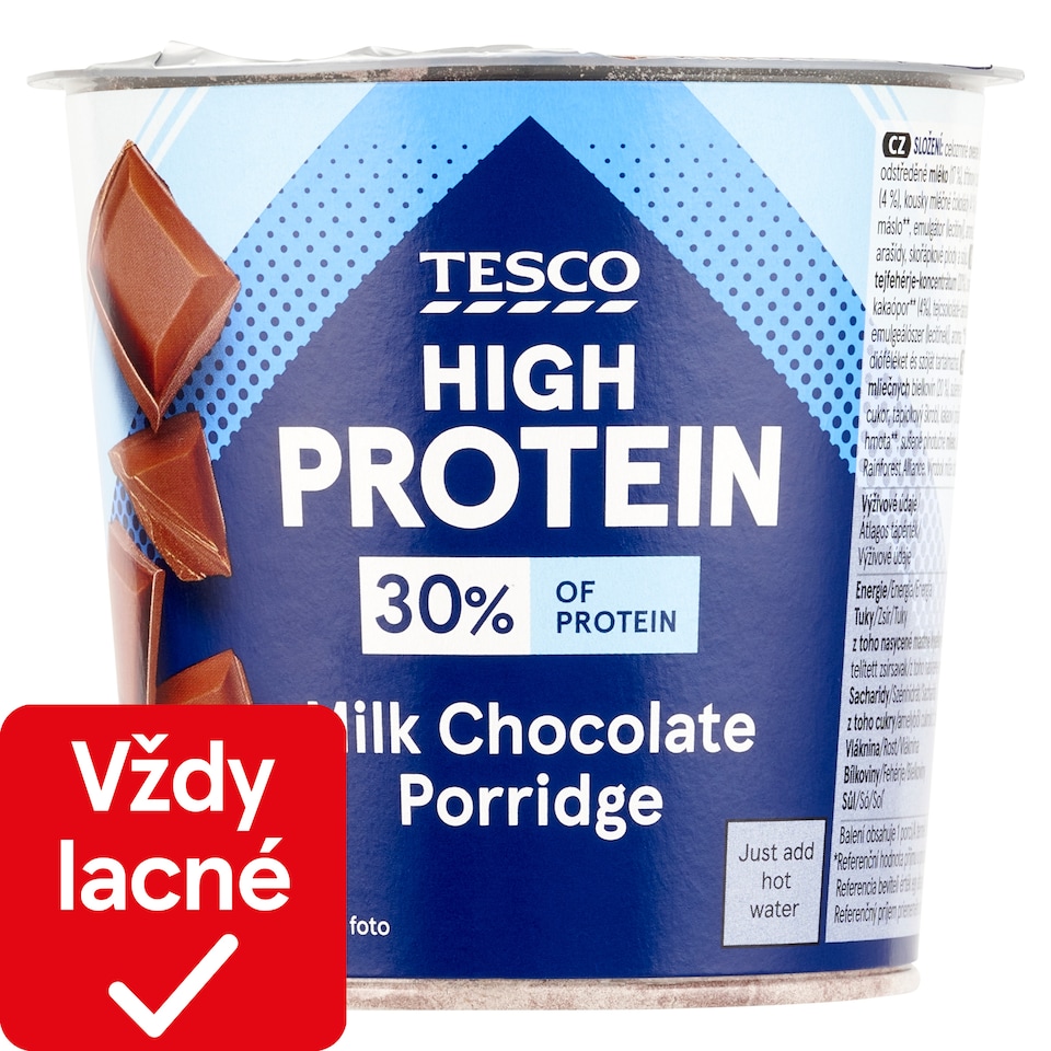Tesco High Protein instantná kakaová ovsená kaša s kúskami mliečnej čokolády 65 g
