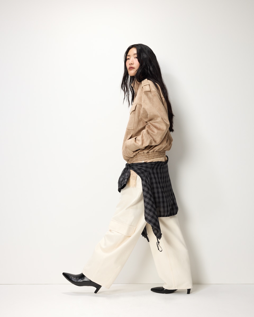 image 1 of F&F Faux Suede Funnel Neck Jacket in Med Nude