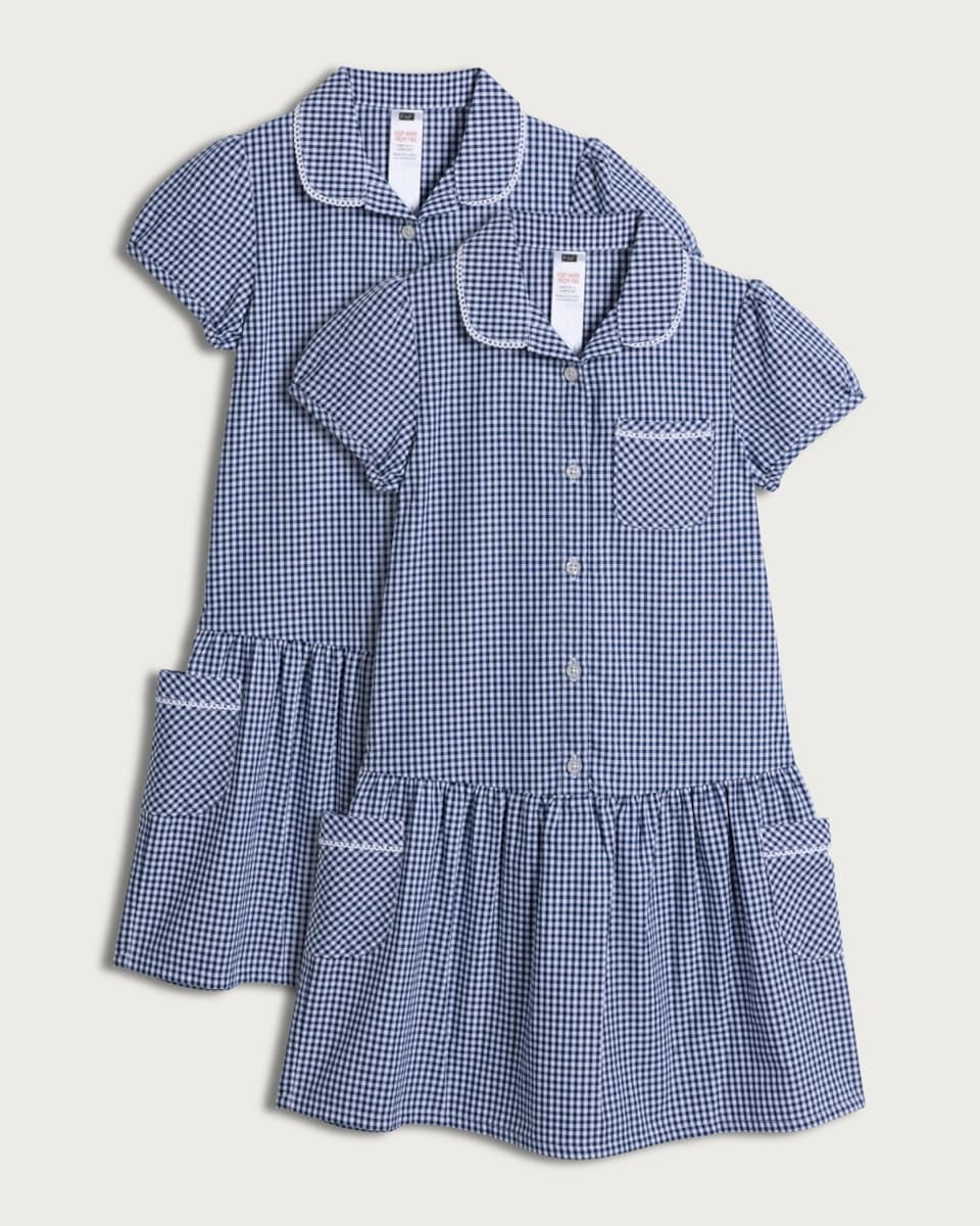 F&F School Girls 2-Pack Cotton Rich Gingham Short Sleeved Dresses in Navy