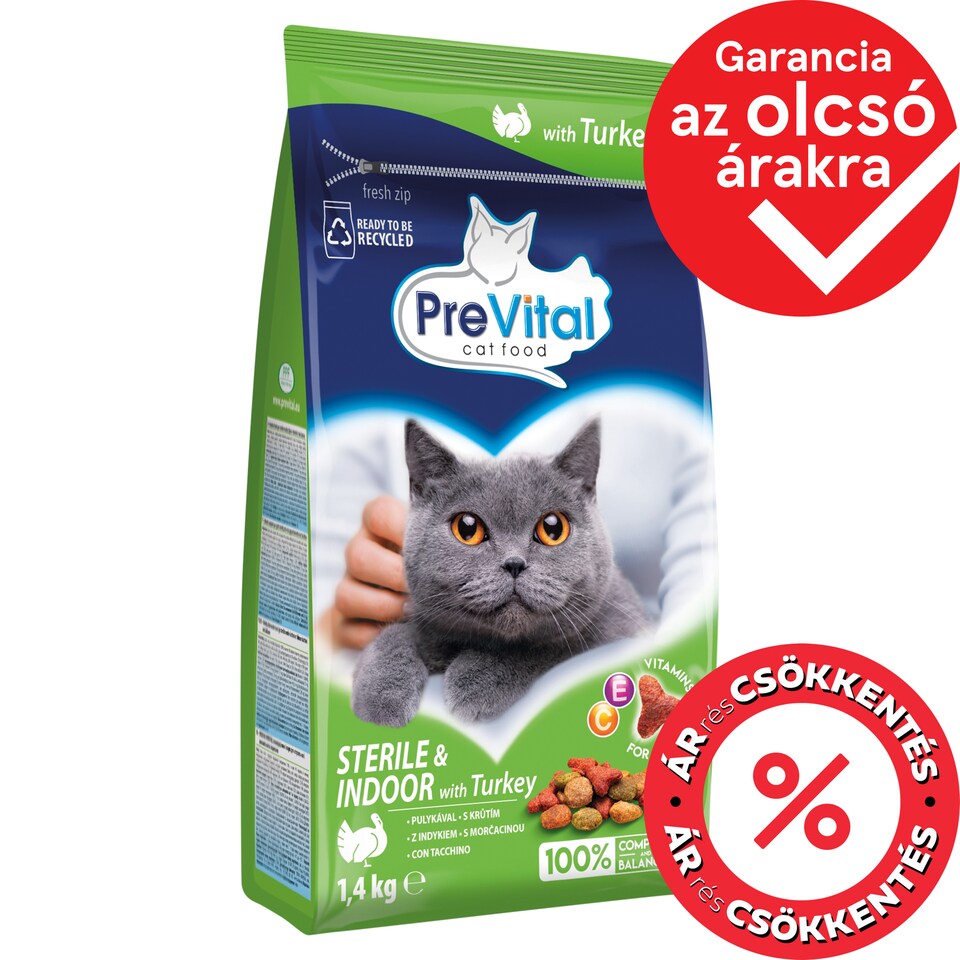 PreVital Dry Cat Food, Kibble for Sterile, Indoor Cats with Turkey 1,4 kg