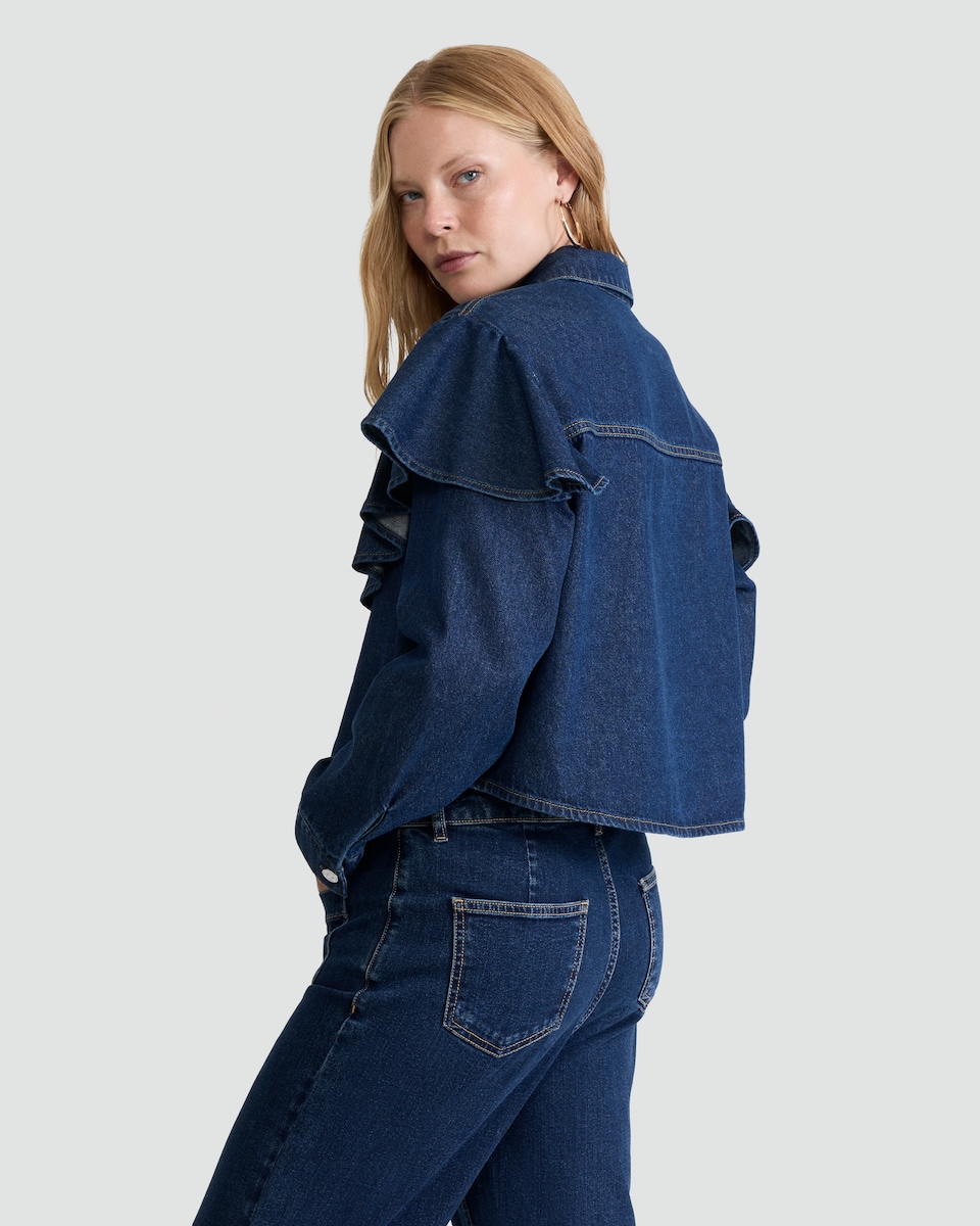 image 1 of The F&F Edit Pure Cotton Denim Ruffled Shirt in Navy