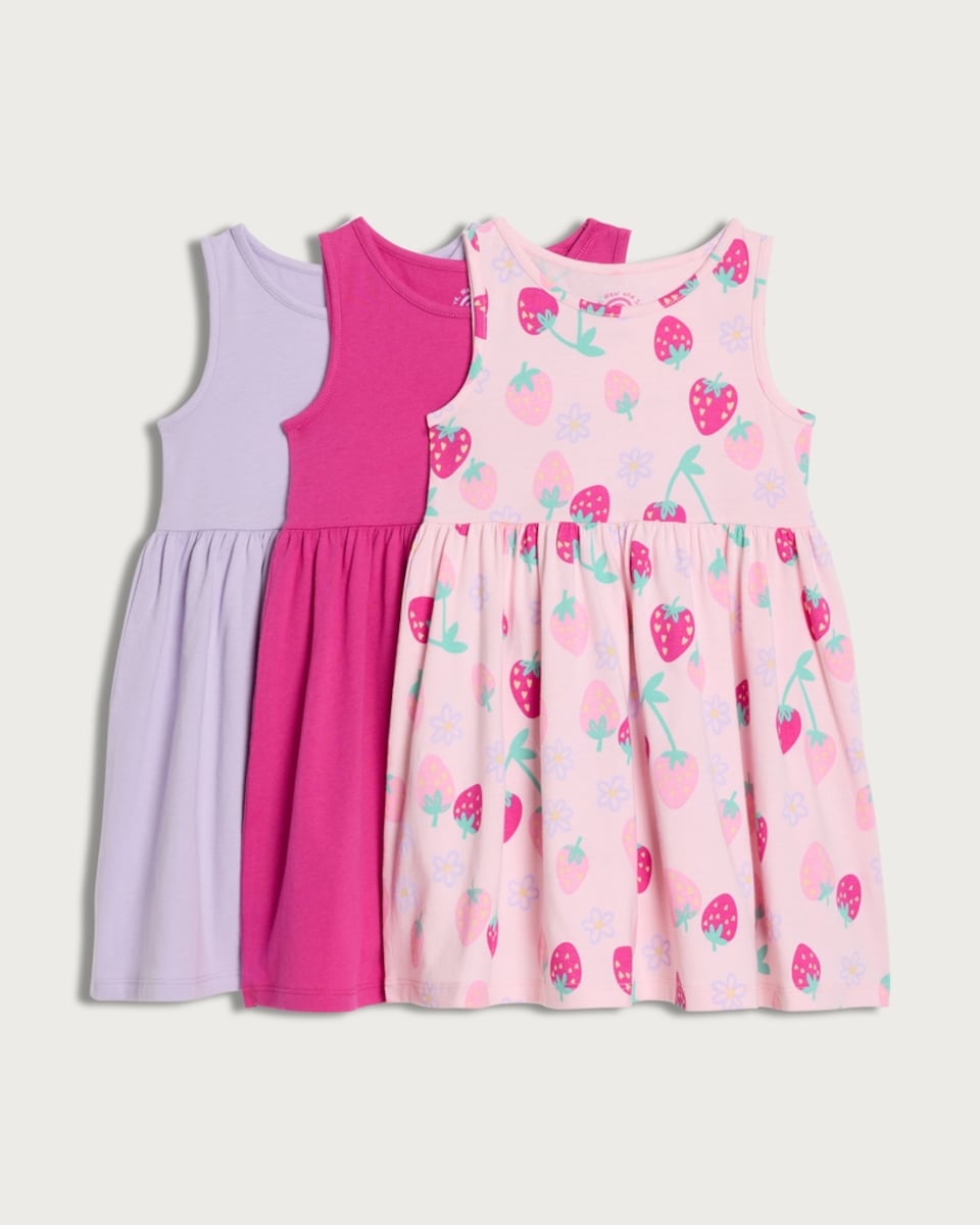 F&F Girls 3-Pack Pure Cotton Sleeveless Dresses in Multi Pink
