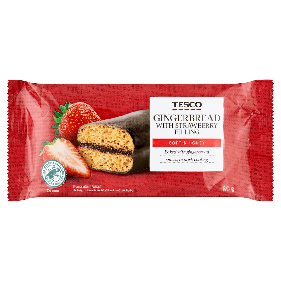 Tesco Medový perník s náplňou s jahodami v tmavej poleve 60 g