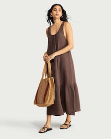 F&F Pure Cotton Lace Back Sleeveless Midi Beach Dress in Brown