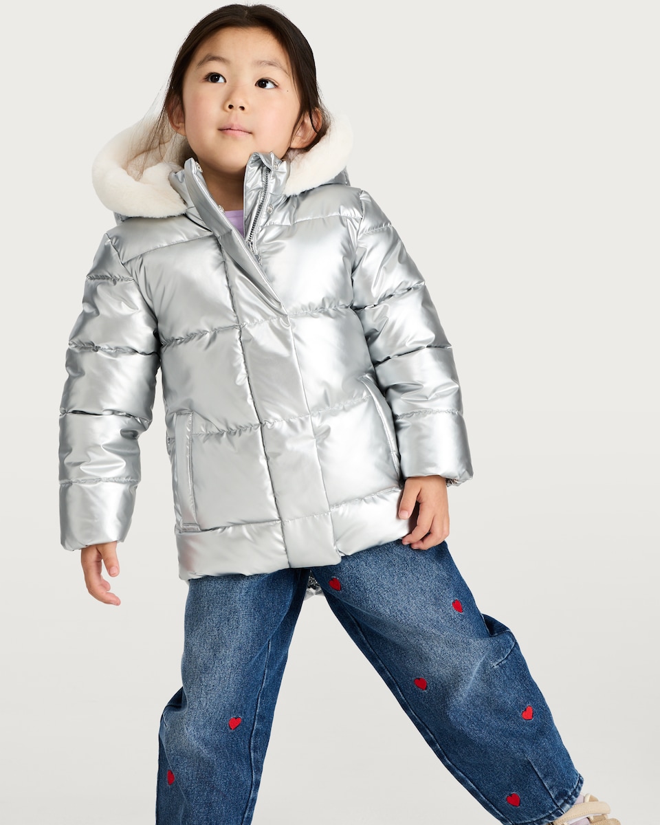 image 1 of F&F Girls Metallic Shower Resistant Puffer Jacket in Silver