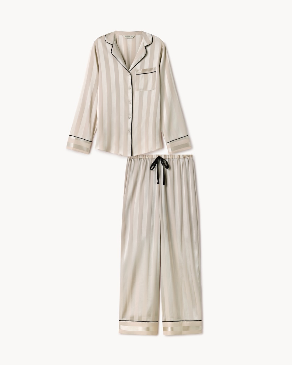 image 1 of F&F CoolEase™ Satin Jacquard Striped Pyjama Set in Cream