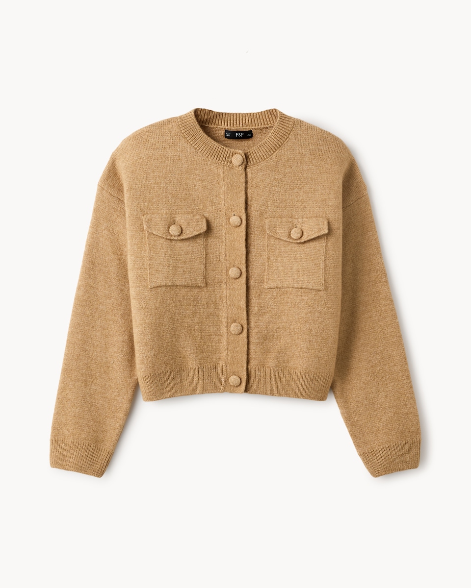 image 1 of F&F Military Crew Neck Cardigan with Wool in Camel