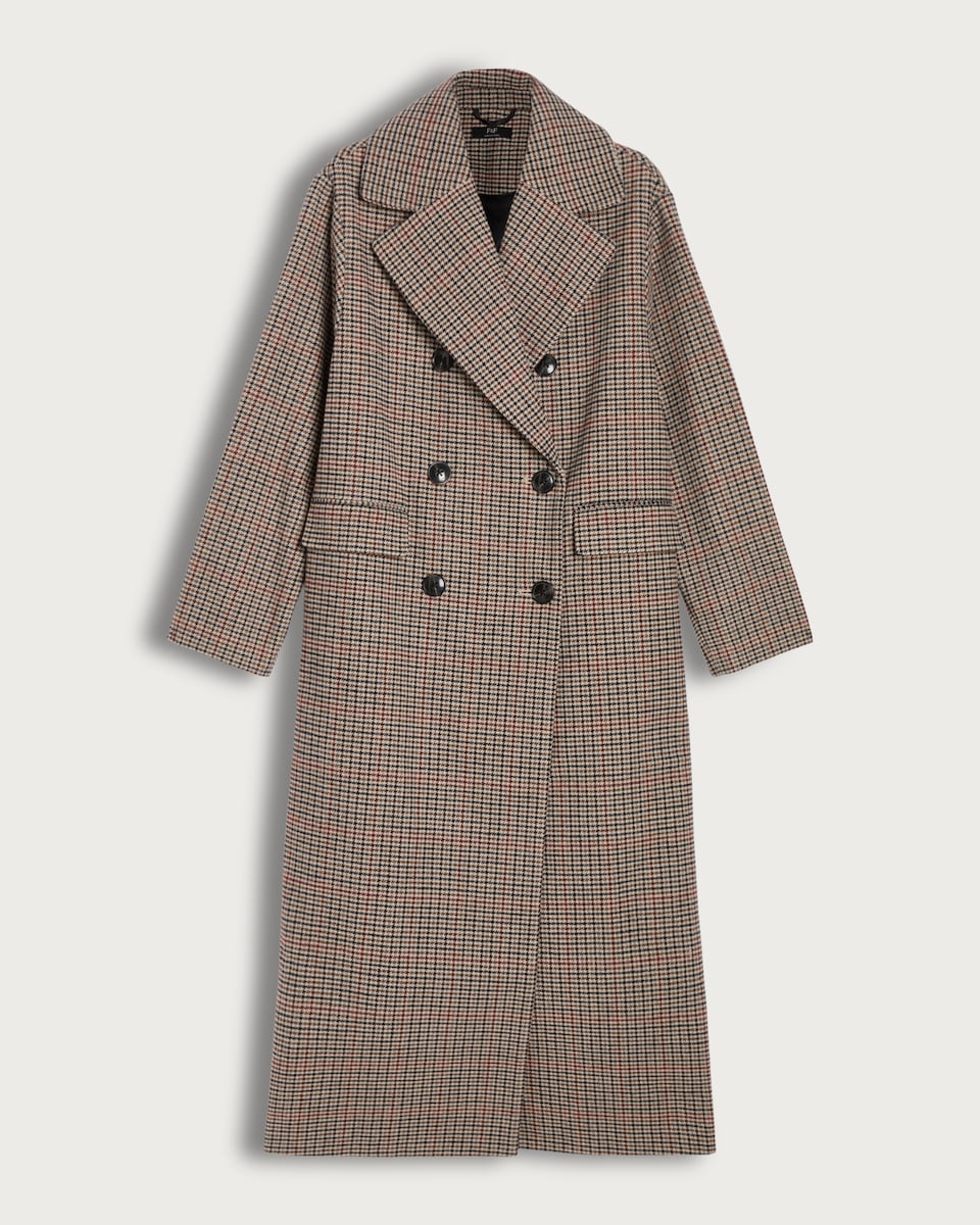 image 1 of F&F Double Breasted Houndstooth Print Coat with Wool in Multi Brown