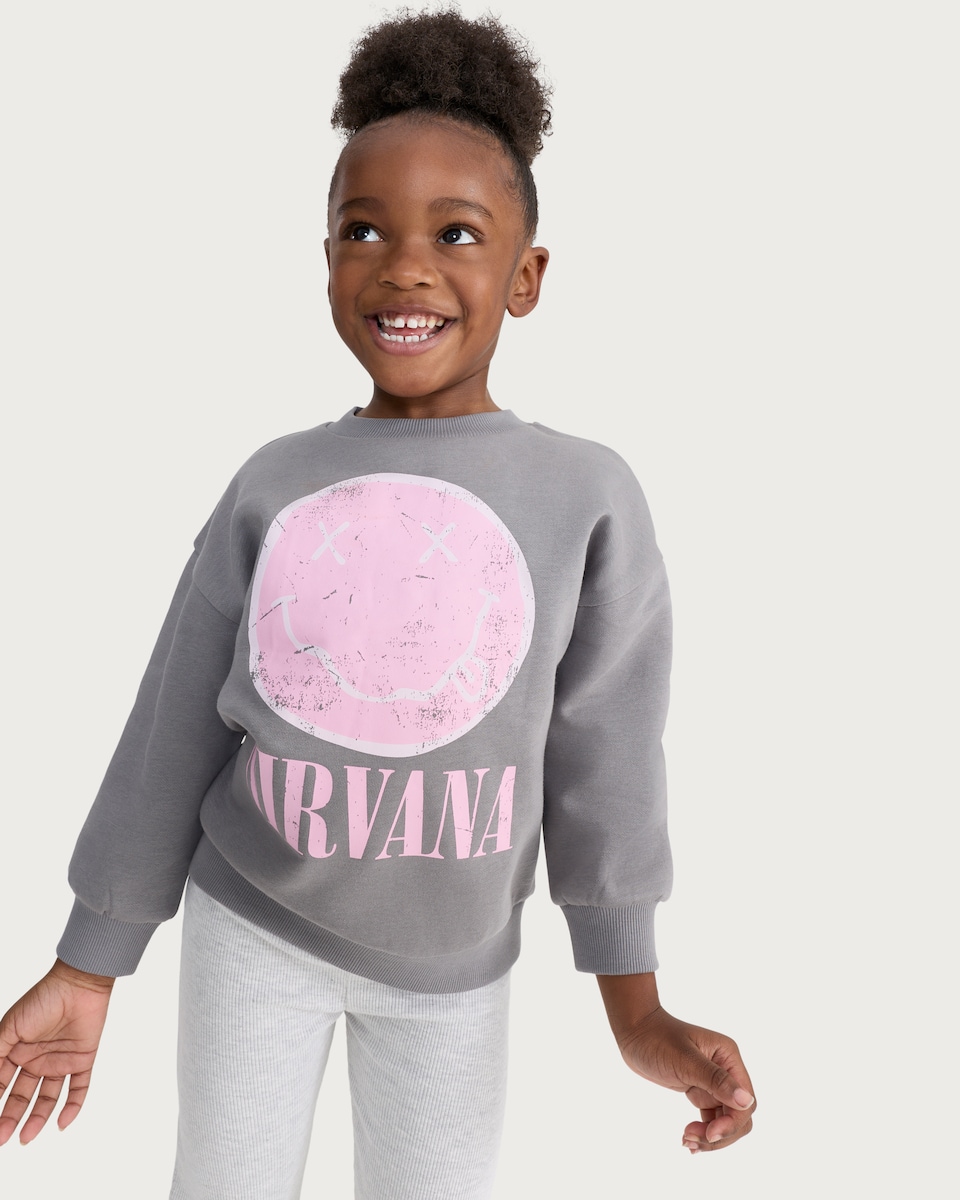 image 1 of Nirvana Cotton Rich Smiley Sweatshirt in Multi Grey