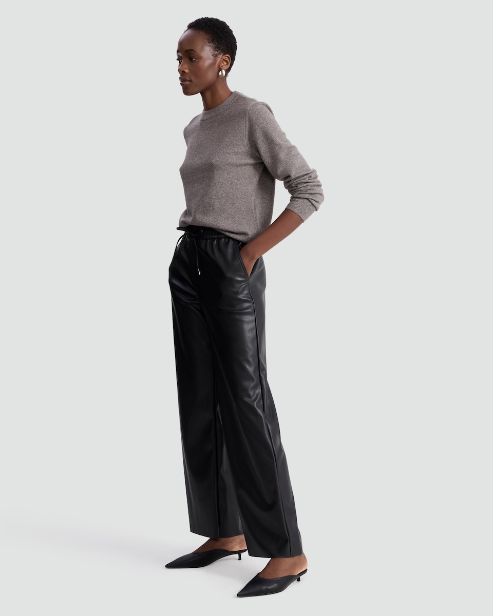 image 1 of The F&F Edit Faux Leather Wide Leg Drawstring Joggers in Black