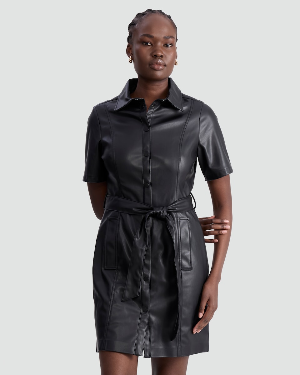 image 1 of F&F Faux Leather Belted Shirt Dress in Black
