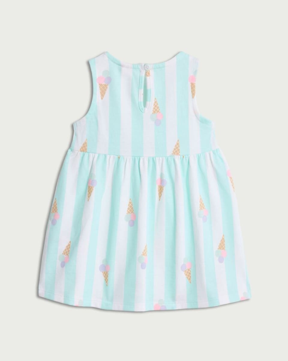 image 1 of F&F Baby Pure Cotton Striped Ice Cream Print Sleeveless Dress in Green