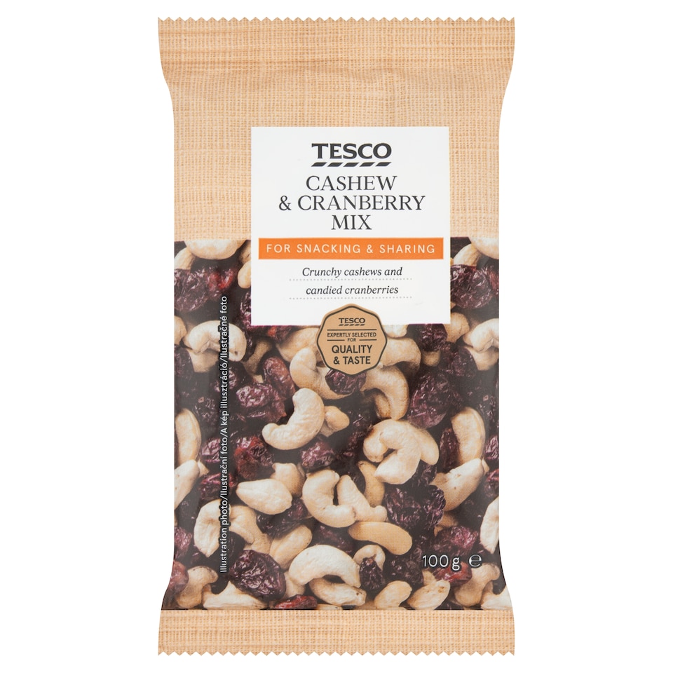 Tesco Směs nepražených jader kešu ořechů a kandovaných klikev 100g