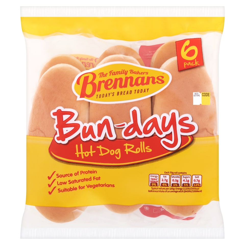 Brennans Hot Dog Rolls 6 Pack 420G