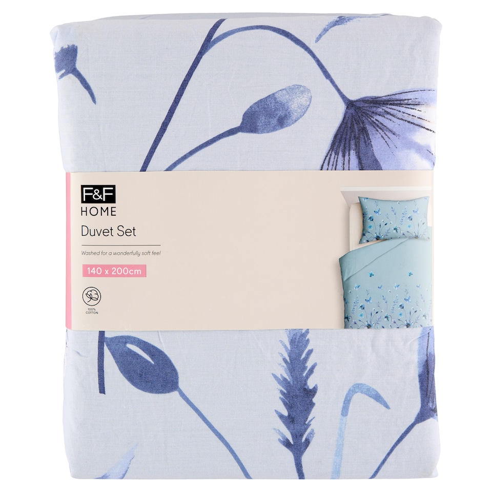 image 1 of F&F Home Washed Cotton Butterflies Duvet Set 140 x 200 cm