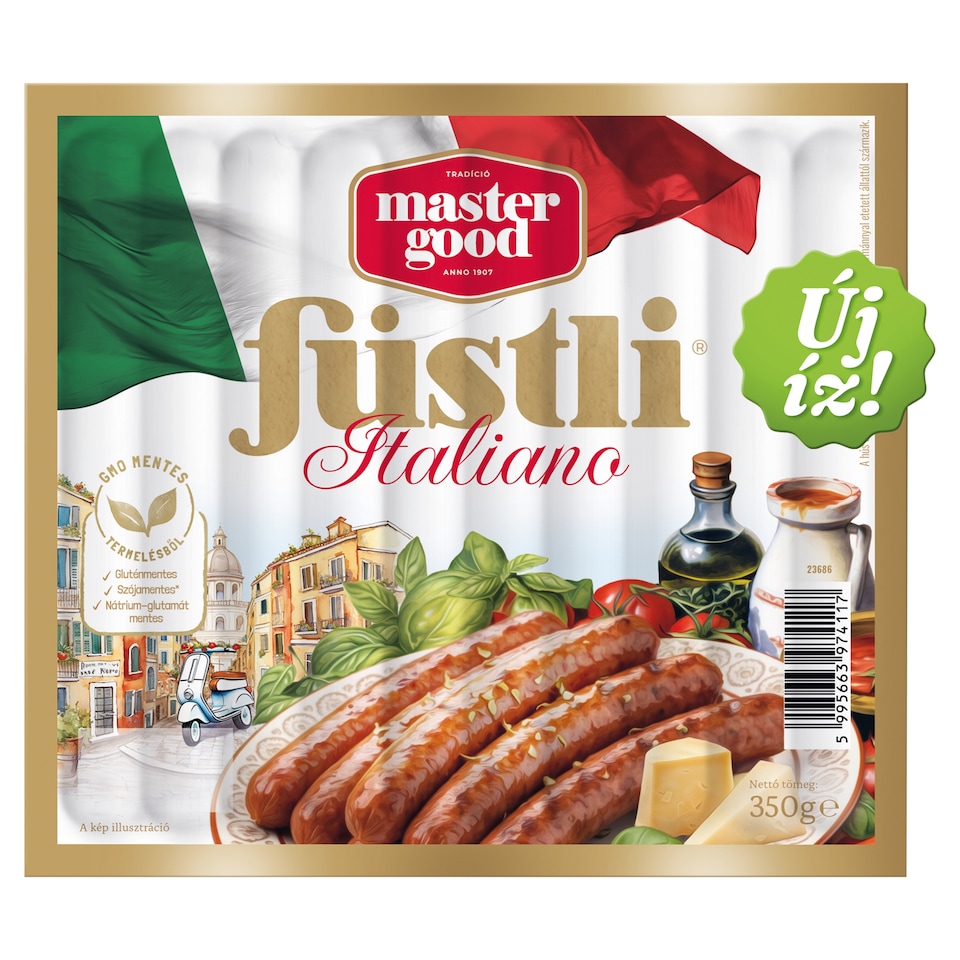 Master Good Füstli Italiano parmezán sajtos, füst ízesítésű virsli csirkehúsból 350 g