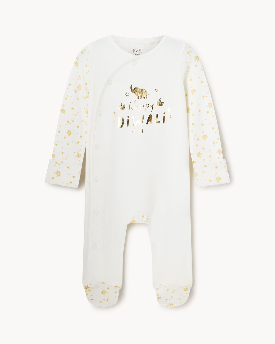 image 1 of F&F Baby Pure Cotton Printed Diwali Sleepsuit in White
