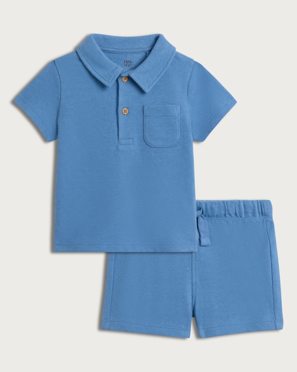 F&F Baby 2-Piece Pure Cotton Polo Shirt and Shorts Set in Blue