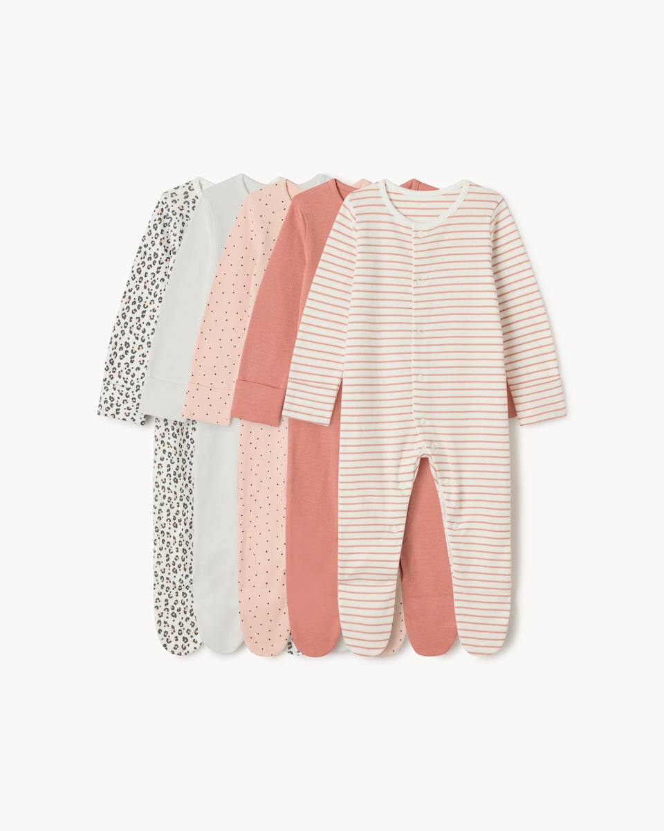 image 1 of F&F Baby 5-Pack Pure Cotton Printed Long Sleeved Sleepsuits in Pink