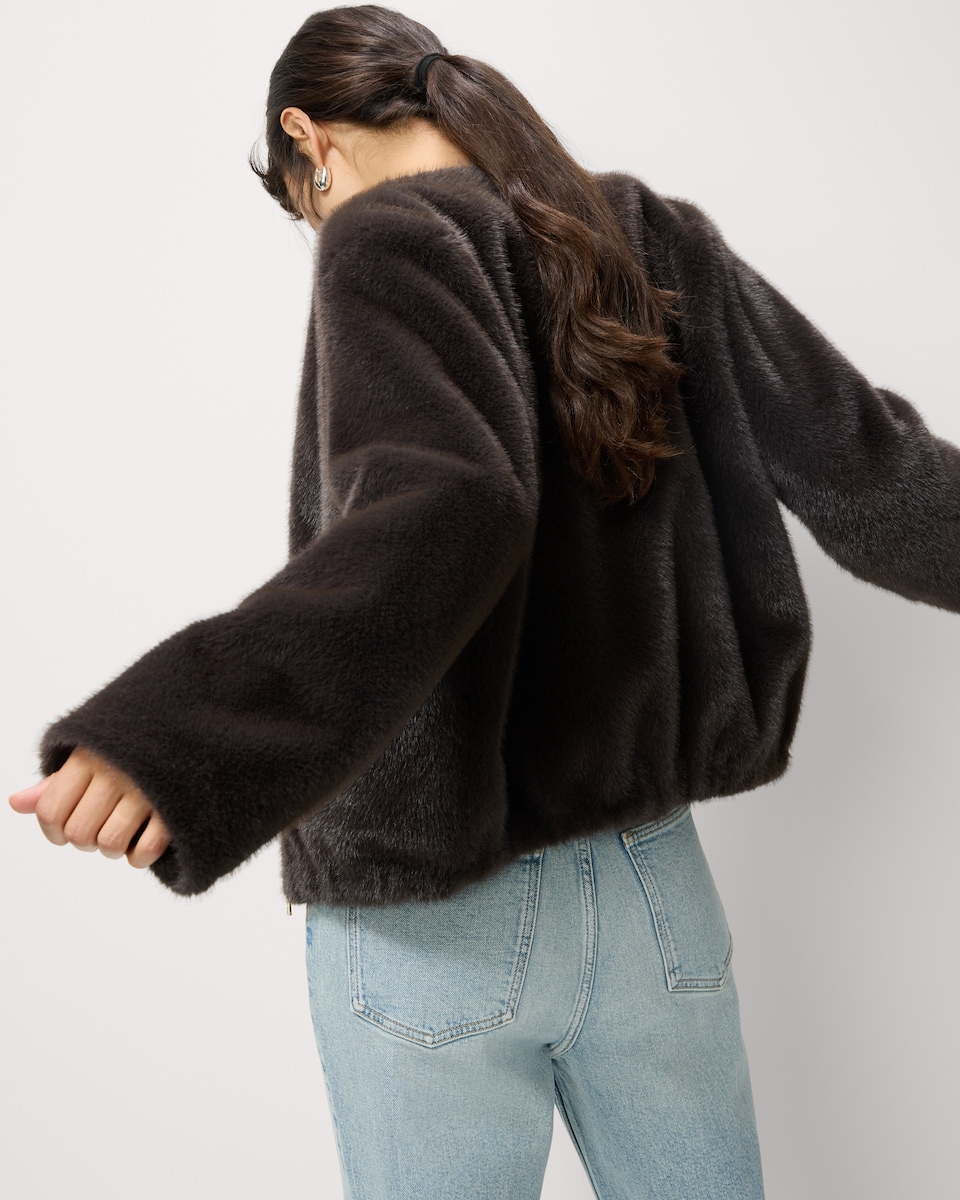 image 1 of F&F Faux Fur Zip Up Short Jacket in Grey