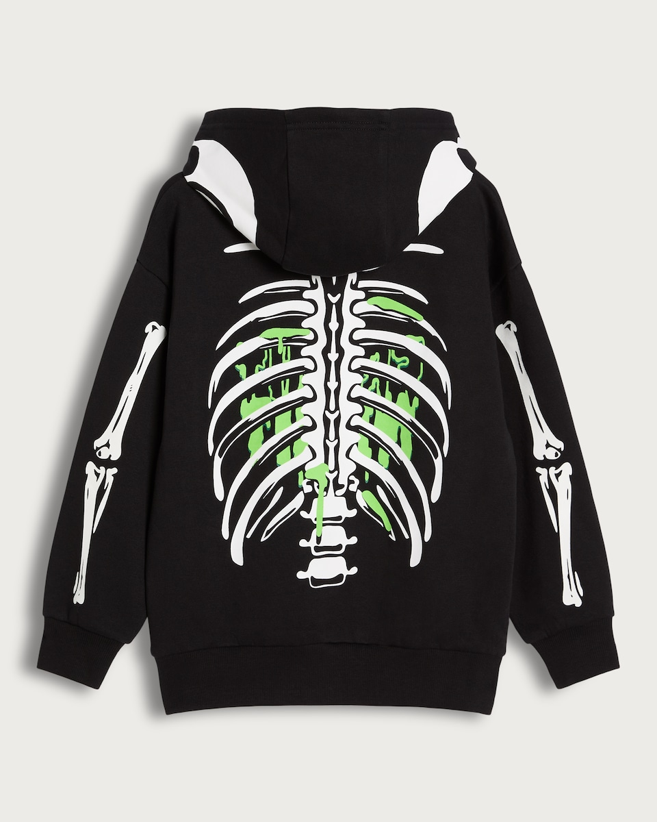 image 1 of F&F Boys Cotton Rich Fright Night Skeleton Print Hoodie in Black