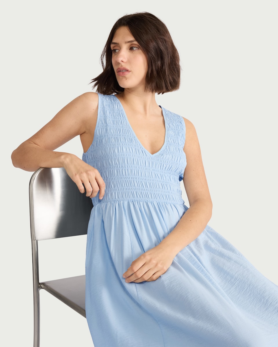 image 1 of F&F Shirred V Neck Midi Dress in Blue