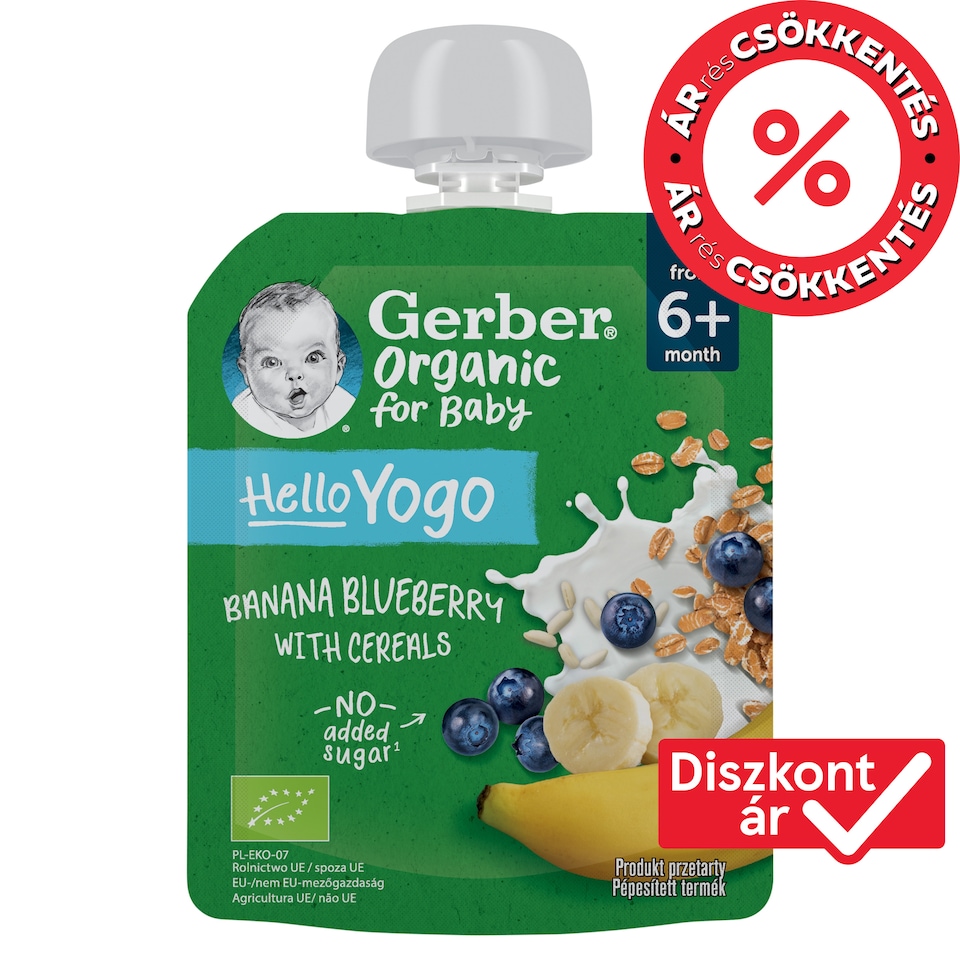 Gerber bio banán-áfonya gyümölcspüré fermentált tejkészítménnyel és gabonával, 6 hónapos kortól 80 g  1. kép