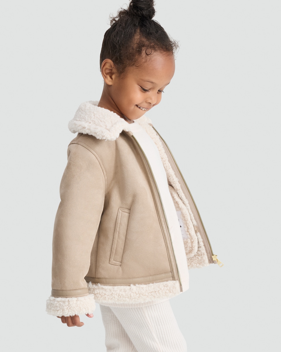 image 1 of F&F Girls Faux Shearling Collar Jacket in Light Nude