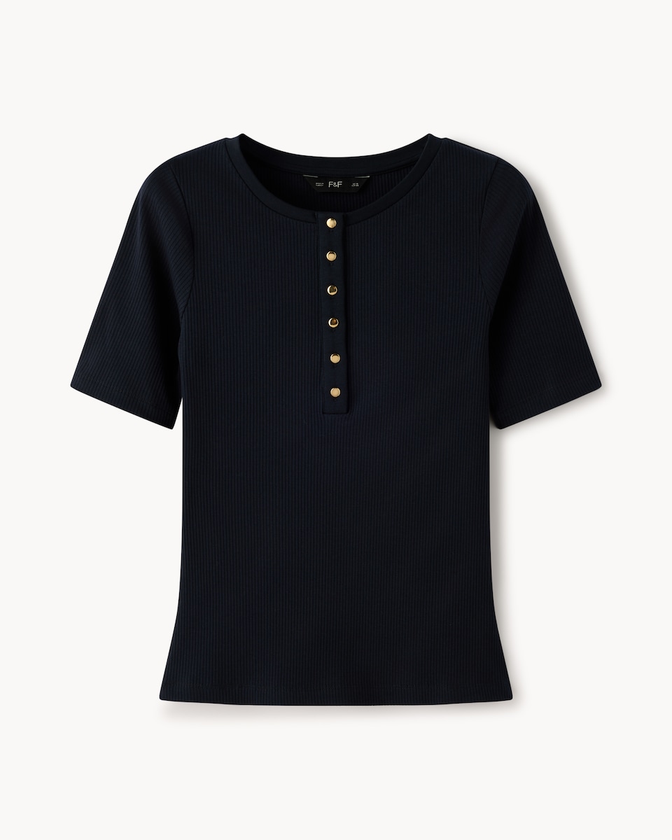 image 1 of F&F Cotton Rich Ribbed Short Sleeved Button Up Top in Navy